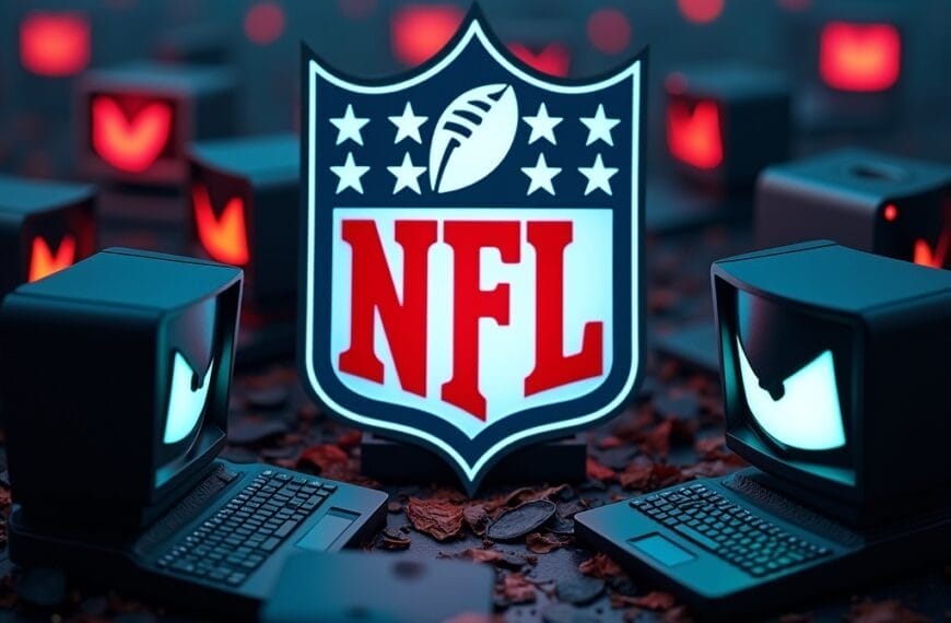 An NFL logo is prominently displayed in the center, surrounded by vintage computer monitors and keyboards on a surface of dark chips or leaves. This highlights the benefits of merging traditional football with cutting-edge NFL analytics to optimize team performance.