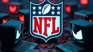 An NFL logo is prominently displayed in the center, surrounded by vintage computer monitors and keyboards on a surface of dark chips or leaves. This highlights the benefits of merging traditional football with cutting-edge NFL analytics to optimize team performance.