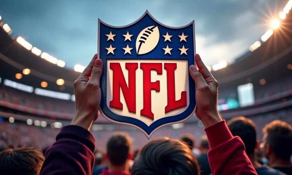 A person holds up an NFL logo sign at the stadium during an event, as discussion swirls around controversial figures. The logo features a football and stars on a shield with "NFL" in bold letters, while the stadium brims with people under a cloudy sky.