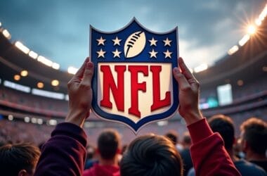 A person holds up an NFL logo sign at the stadium during an event, as discussion swirls around controversial figures. The logo features a football and stars on a shield with "NFL" in bold letters, while the stadium brims with people under a cloudy sky.