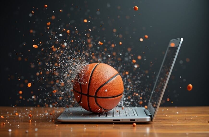 A basketball, seemingly infused with advanced basketball statistics, bursts through a laptop screen, scattering digital particles. Resting on a wooden surface against a dark backdrop, the scene captures an extraordinary blend of athleticism and technology.