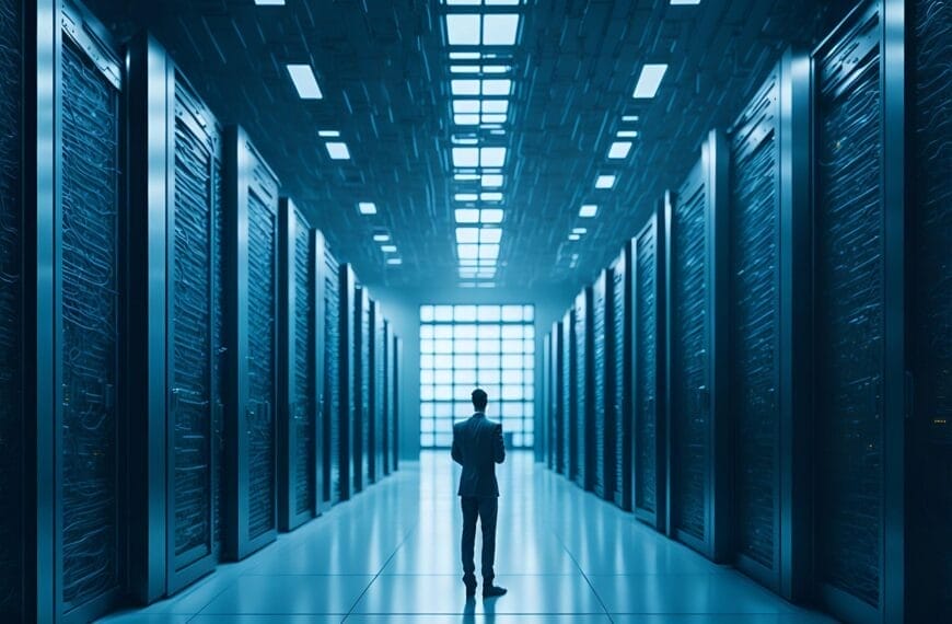 A person stands in the middle of a long corridor lined with server racks on either side, harnessing the power of data. The hallway has a futuristic appearance with bright overhead lighting, white floors, and a large, illuminated panel at the end.