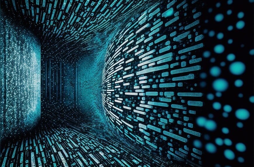 A digital art image portrays a futuristic tunnel with glowing blue lines and dots on a dark background, reminiscent of streaming sports data. The scene conveys movement and depth, with structures suggesting dynamic digital data flows.