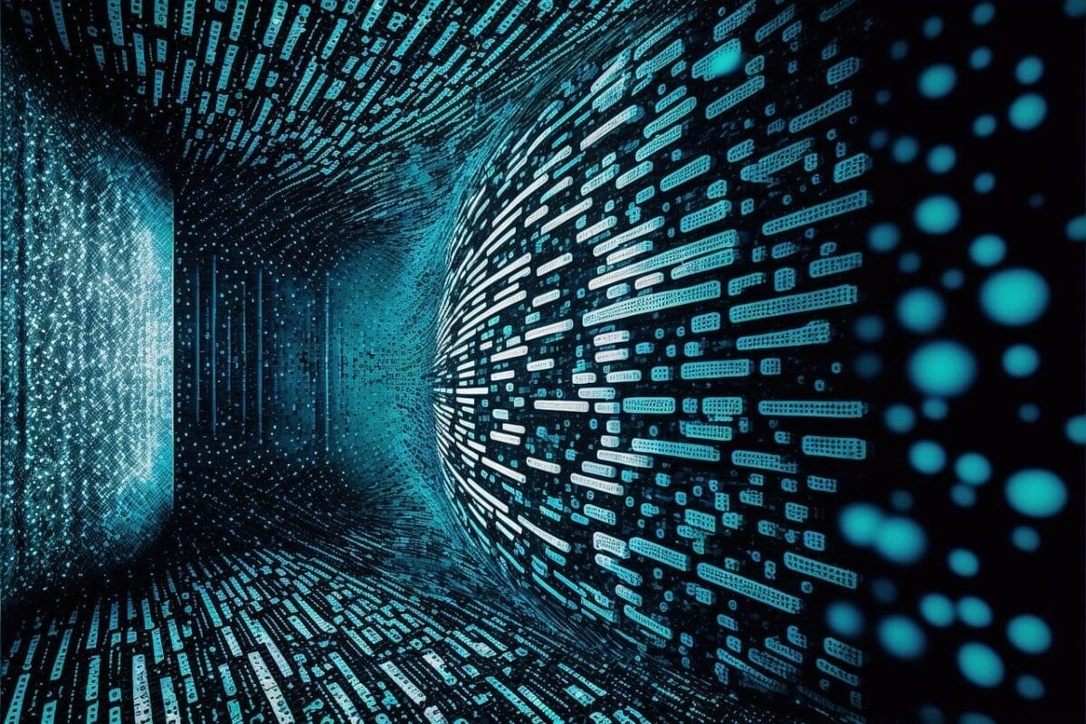 A digital art image portrays a futuristic tunnel with glowing blue lines and dots on a dark background, reminiscent of streaming sports data. The scene conveys movement and depth, with structures suggesting dynamic digital data flows.