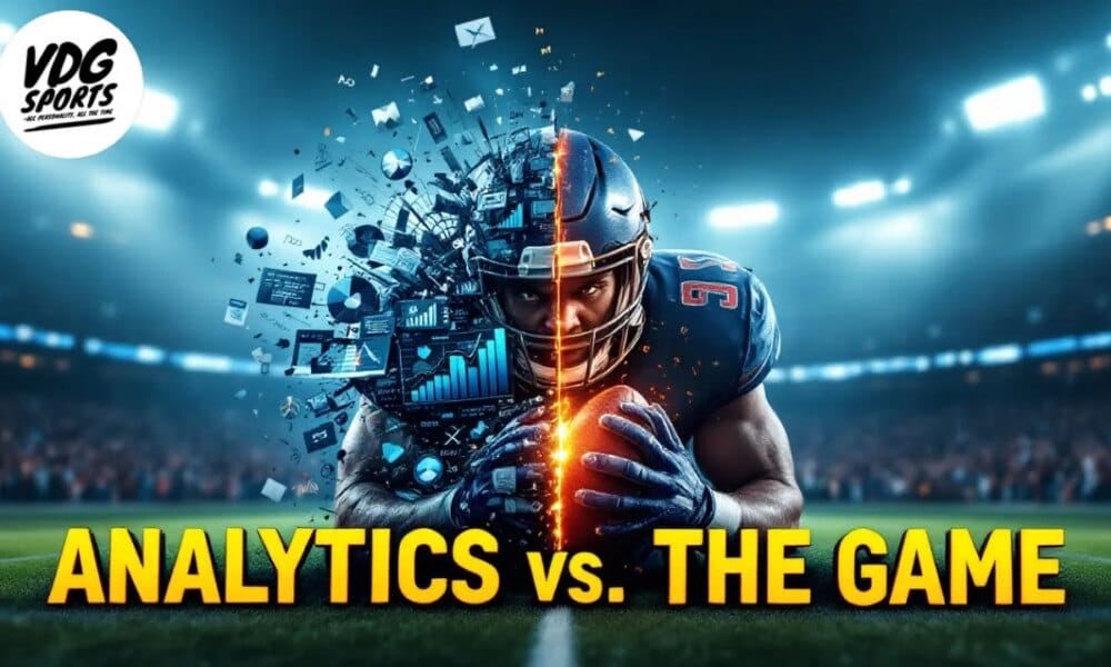 A football player stands at the heart of a stadium, visually split in two; one half showcases him in a uniform, the other features NFL analytics charts. Text reads "Analytics vs. The Game." Stadium lights blaze down, highlighting the intersection of strategy and winning on the field.