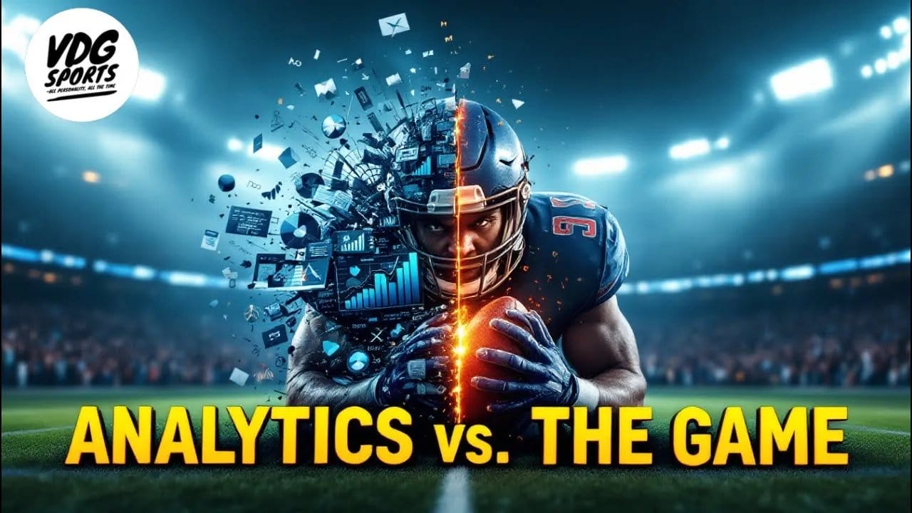 A football player stands at the heart of a stadium, visually split in two; one half showcases him in a uniform, the other features NFL analytics charts. Text reads "Analytics vs. The Game." Stadium lights blaze down, highlighting the intersection of strategy and winning on the field.