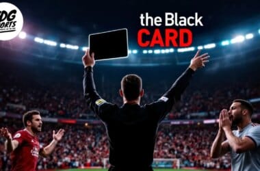 A referee stands with arms raised, holding the black card high in a stadium. Two soccer players react; one appears frustrated, and the other clasps his hands together. "The Black CARD" is prominently displayed in the upper right, with the VDG Sports logo in the upper left.