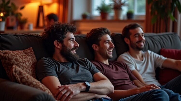 Three men sit on a sofa in a cozy living room, smiling as if caught mid-laughter during one of their lively sports debates. The room is softly lit with lamps, and plants are visible. A large window is in the background, contributing to the warm ambiance.