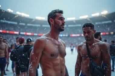 Two shirtless men stand in a snow-dusted stadium, embodying the power of superfans. One wears red shorts while the other has a black shoulder bag. The crowd is blurred in the background, and snowflakes drift down, adding to the scene's raw energy.