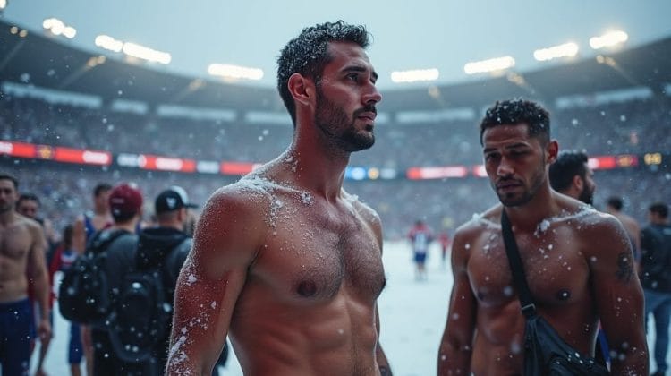 Two shirtless men stand in a snow-dusted stadium, embodying the power of superfans. One wears red shorts while the other has a black shoulder bag. The crowd is blurred in the background, and snowflakes drift down, adding to the scene's raw energy.