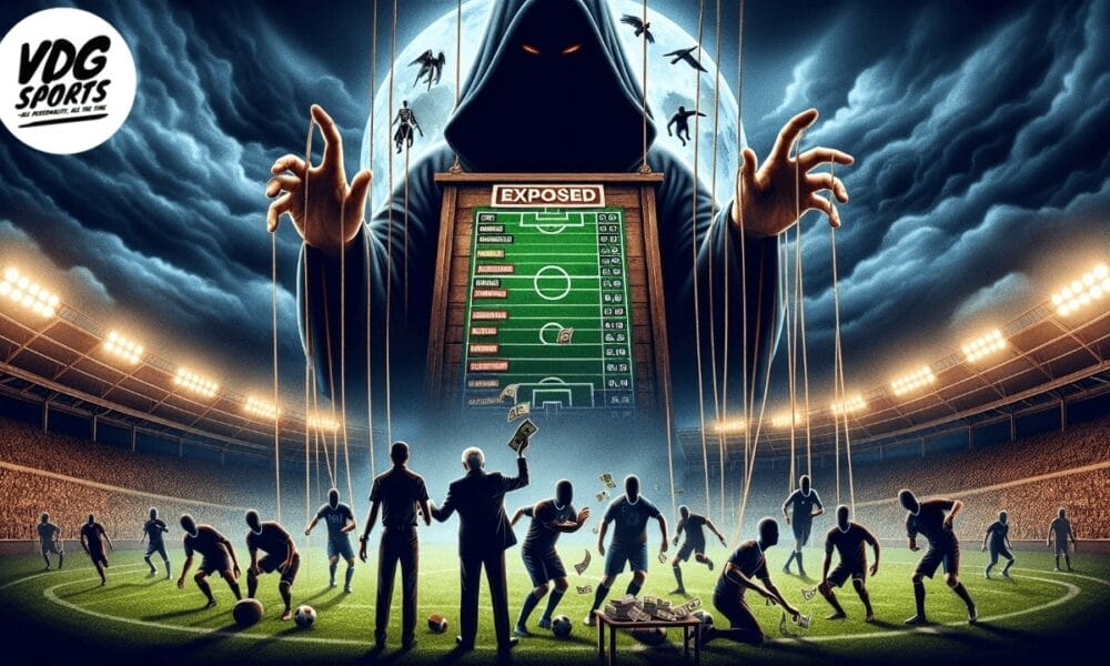 A hooded figure looms over a soccer stadium, manipulating players like marionettes in a dark twist on football strategy. A scoreboard titled "Exposed" displays player information, while silhouetted observers, one clutching money, witness the surreal scene of control and influence.