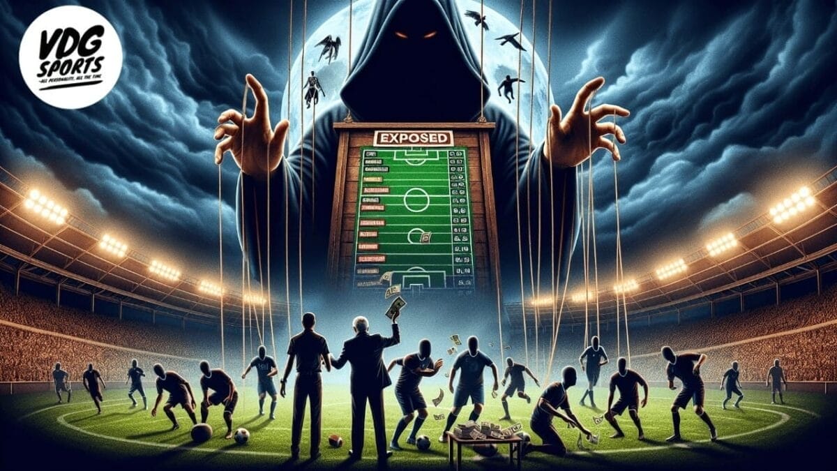 A hooded figure looms over a soccer stadium, manipulating players like marionettes in a dark twist on football strategy. A scoreboard titled "Exposed" displays player information, while silhouetted observers, one clutching money, witness the surreal scene of control and influence.