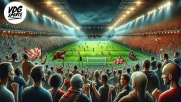 Crowd of fans cheering in a packed stadium during a night soccer match. Players in action on a well-lit field. Numerous flags and banners are held by the fans. Stadium lights illuminate the scene. Logo in the top left corner.