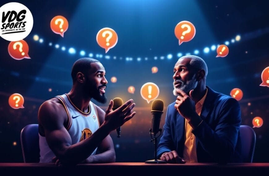 Two men sit at a table with microphones in a spotlighted setting, discussing animatedly about NBA legends. The background is filled with floating question marks and exclamation points, suggesting a lively debate or conversation.