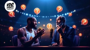 Two men sit at a table with microphones in a spotlighted setting, discussing animatedly about NBA legends. The background is filled with floating question marks and exclamation points, suggesting a lively debate or conversation.