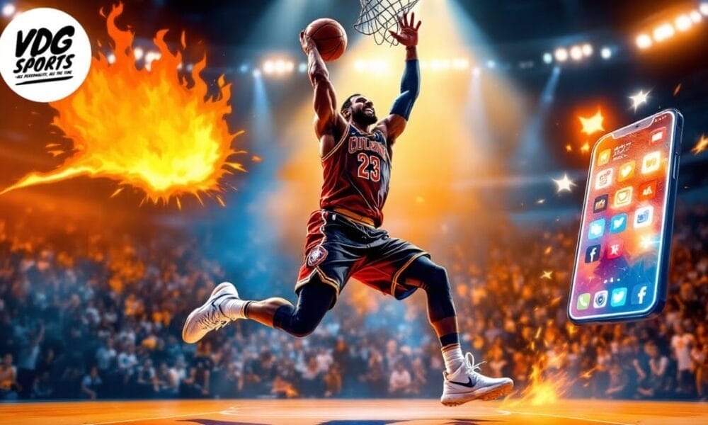 A basketball player in a red and black uniform leaps towards the net, ready to dunk as flames trail behind the ball. Nearby, a smartphone displays app icons while an enthusiastic crowd cheers. In this dimly lit arena, it's clear why NBA players clapping back. The "VDG Sports" logo shines in the corner.