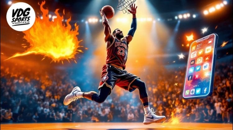A basketball player in a red and black uniform leaps towards the net, ready to dunk as flames trail behind the ball. Nearby, a smartphone displays app icons while an enthusiastic crowd cheers. In this dimly lit arena, it's clear why NBA players clapping back. The "VDG Sports" logo shines in the corner.