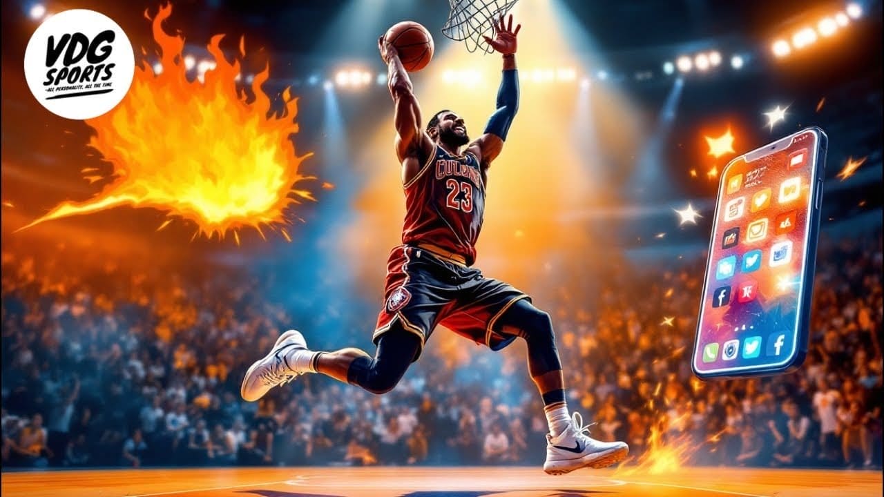 A basketball player in a red and black uniform leaps towards the net, ready to dunk as flames trail behind the ball. Nearby, a smartphone displays app icons while an enthusiastic crowd cheers. In this dimly lit arena, it's clear why NBA players clapping back. The "VDG Sports" logo shines in the corner.