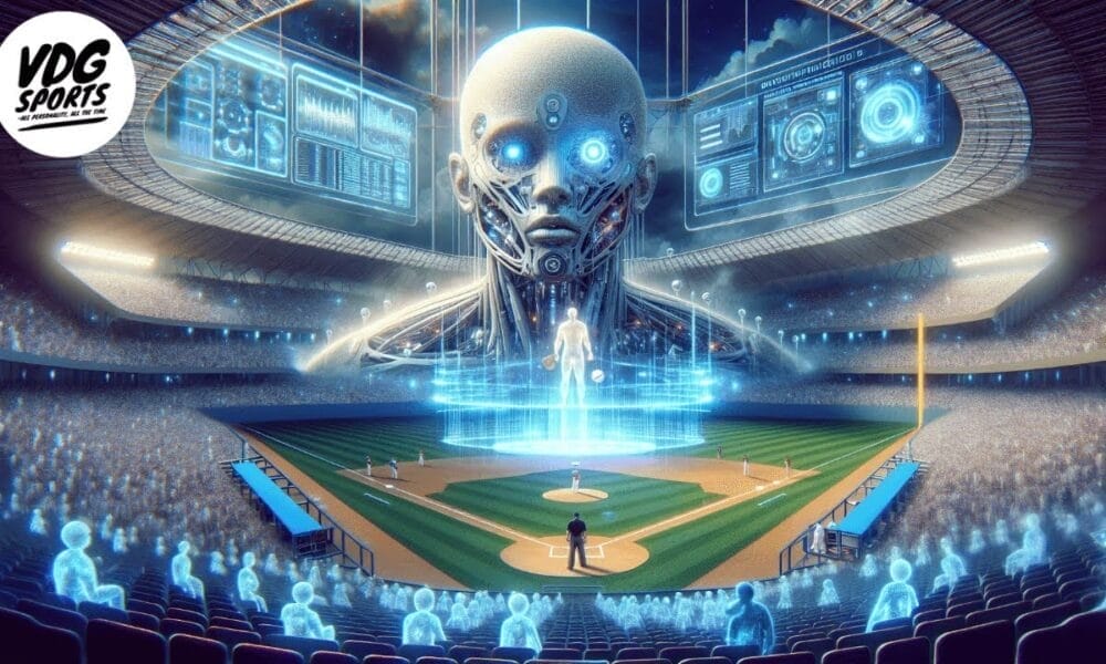 A futuristic scene at a baseball stadium features a large digital humanoid head and floating holographic screens, with glowing figures playing on the field. The crowd also appears as luminescent figures. "VDG Sports" logo is in the top left corner.