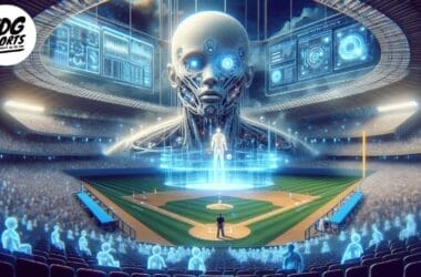 A futuristic scene at a baseball stadium features a large digital humanoid head and floating holographic screens, with glowing figures playing on the field. The crowd also appears as luminescent figures. "VDG Sports" logo is in the top left corner.