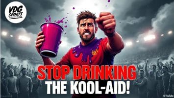 In an illustration, a supporter of MUFC in a red shirt energetically holds up a large purple cup, surrounded by a cheering stadium crowd. Text reads "Stop Drinking the Kool-Aid!" with the VDG Sports logo in the upper left corner.