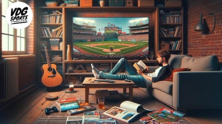 A person lounges on a sofa in a cozy living room, engrossed in an eye-opening book. An MLB game plays on the large wall-mounted TV. The room features a guitar, shelves filled with books and decor, and a table scattered with magazines and an orange drink.