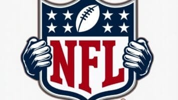 The NFL logo features a football at the top, eight stars, and bold red "NFL" letters at the center. Illustrated in blue and white, two hands grasp the logo from either side. The design captures the essence of NFL Football Rules against a crisp white backdrop.