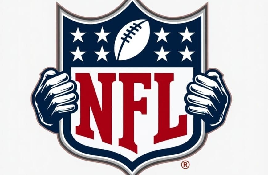 The NFL logo features a football at the top, eight stars, and bold red "NFL" letters at the center. Illustrated in blue and white, two hands grasp the logo from either side. The design captures the essence of NFL Football Rules against a crisp white backdrop.