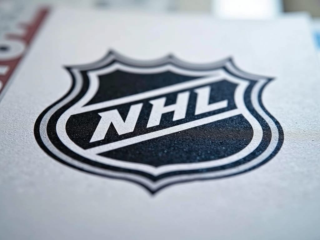 Close-up of the black and white NHL (National Hockey League) shield logo printed on a textured white surface. The bold "NHL" letters, paired with advanced NHL analytics, symbolize the league’s forward-thinking approach to the game.