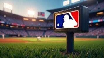 A baseball field gleams under a clear sky and bright floodlights, with a sign in the foreground displaying a logo of a silhouette wielding a bat. In the background, players are monitored by the MLB pitch clock as fans eagerly watch.