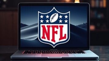 A laptop displaying the NFL logo on its screen, with a football encircled by stars in a shield shape, and "NFL" in red. The laptop sits on a dark table in a dimly lit room, perfect for immersive data analysis sessions.
