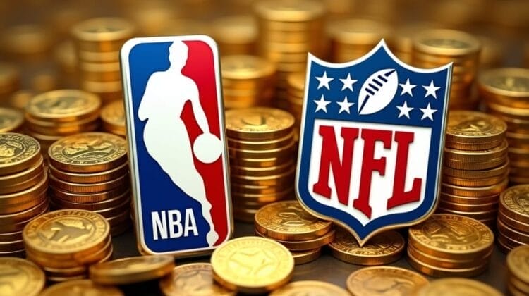 NBA and NFL logos stand upright among stacks of gold coins, symbolizing wealth and the financial side of these leagues. The scene hints at Best Sports Debates surrounding money in major American sports. The background is softly blurred for emphasis.