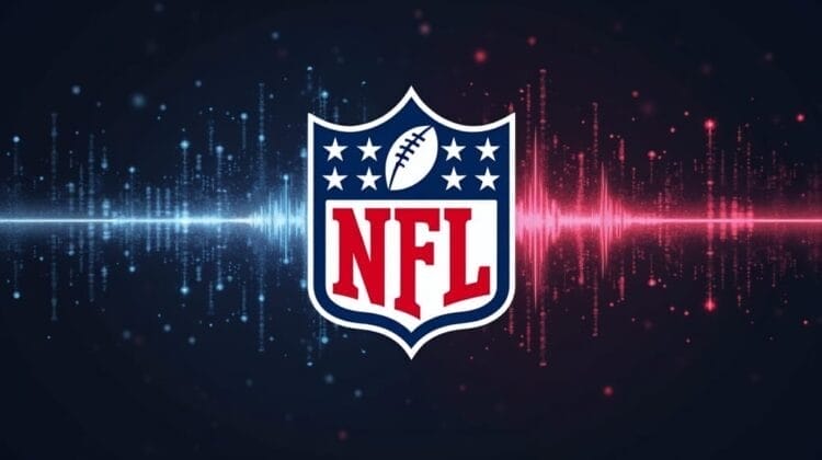NFL logo centered on a dark background with blue and red audio waveform patterns, echoing NFL team strategies, blending seamlessly into the dark backdrop.