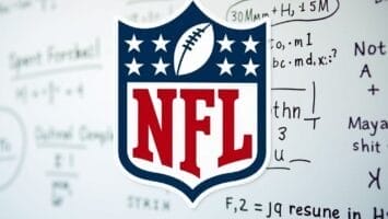 The NFL logo, featuring a football and stars above bold red "NFL" letters, is centered over a blurred whiteboard filled with mathematical equations—highlighting the rise of analytics in the NFL.