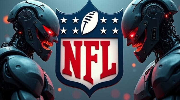 Two menacing robots with glowing red eyes face each other before a large NFL logo, embodying the intensity and futuristic edge of analytics in the NFL, with dramatic lighting, metallic textures, and a background blurred by red lights.