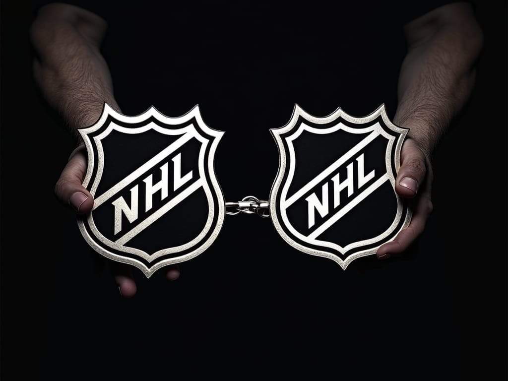 A person’s hands hold a pair of handcuffs, each side featuring the NHL logo. Against a dark background, the image symbolizes restriction or highlights recent NHL team controversies within the National Hockey League.