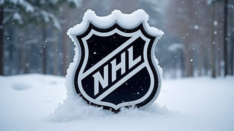 A snow-covered NHL logo sign stands outdoors amidst a snowy landscape. Snow is gently falling, and trees are visible in the blurred background, perfectly capturing the essence of how winter brings a different aura to sports like NHL compared to the MLS season.