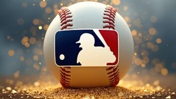 A baseball with red stitching rests on a surface sprinkled with golden particles, embodying the essence of Major League Baseball. The ball showcases a logo of a batter poised to swing, encircled by blue and red sections.