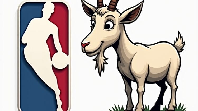 A cartoon goat stands on grass next to the NBA logo, smiling and symbolizing the "GOAT" (Greatest of All Time) concept often associated with the Greatest NBA Players of All Time in basketball history.
