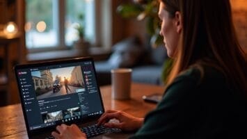 A woman sits at a wooden table using a laptop. The screen displays a video-sharing website with sports content creators featured. Warm lighting, a white mug, and blurred plants and couch create a cozy home atmosphere in the background.