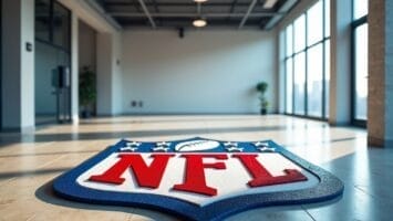 A large NFL logo is displayed on the floor of a modern, sunlit office space with large windows, potted plants, and a light-colored tile floor—reflecting the professionalism and adherence to NFL regulations in its design.