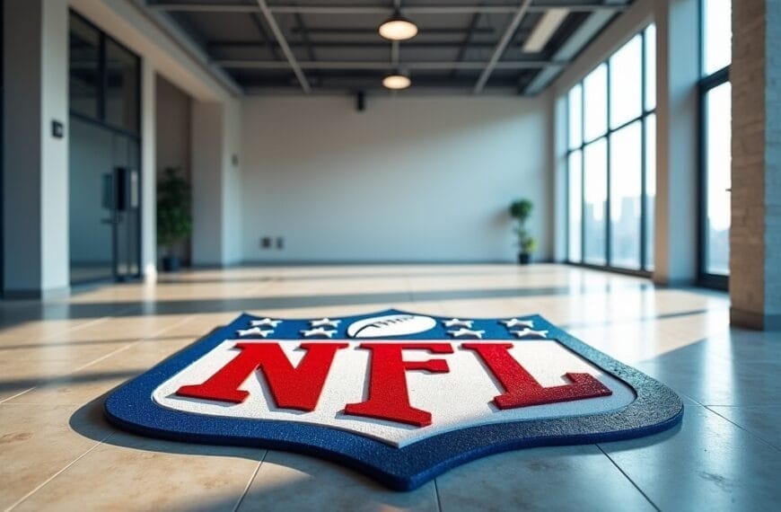 A large NFL logo is displayed on the floor of a modern, sunlit office space with large windows, potted plants, and a light-colored tile floor—reflecting the professionalism and adherence to NFL regulations in its design.