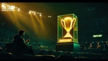 A fanatic sits in a dimly lit auditorium, eyes glued to the large, illuminated trophy encased in glass on stage. "PROFITS ONLY" is boldly displayed on it, with "THE SHOW PRESENTED BY SIS SPORTS" emblazoned across the backdrop.