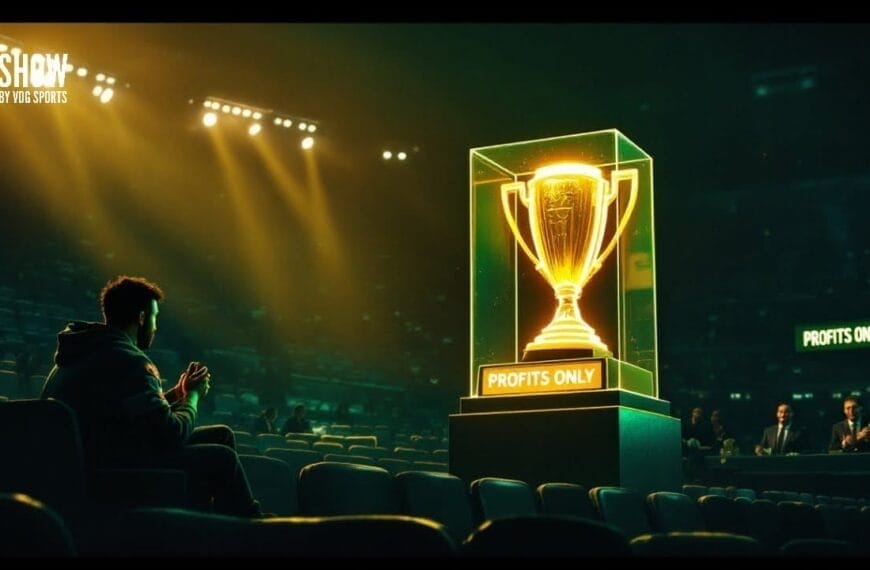 A fanatic sits in a dimly lit auditorium, eyes glued to the large, illuminated trophy encased in glass on stage. "PROFITS ONLY" is boldly displayed on it, with "THE SHOW PRESENTED BY SIS SPORTS" emblazoned across the backdrop.