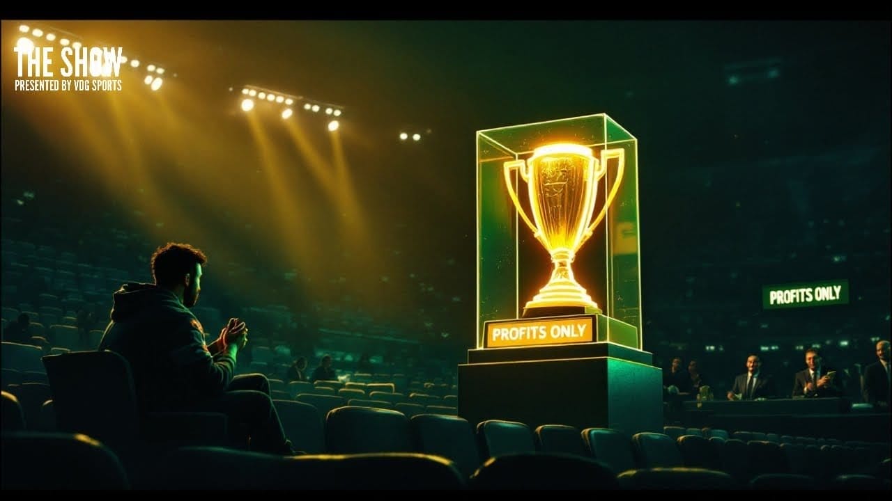 A fanatic sits in a dimly lit auditorium, eyes glued to the large, illuminated trophy encased in glass on stage. "PROFITS ONLY" is boldly displayed on it, with "THE SHOW PRESENTED BY SIS SPORTS" emblazoned across the backdrop.