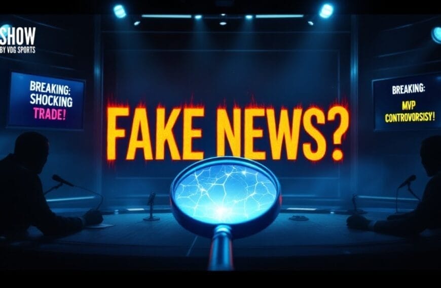 In a television studio setup, the text "FAKE NEWS?" blazes on a screen, underlined by sports commentary buzzwords like "Breaking: Shocking Trade!" and "MVP Controversy!" Silhouetted figures with microphones gather under the spotlight, examining headlines through a magnifying glass.