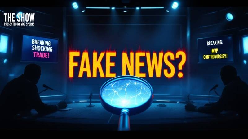In a television studio setup, the text "FAKE NEWS?" blazes on a screen, underlined by sports commentary buzzwords like "Breaking: Shocking Trade!" and "MVP Controversy!" Silhouetted figures with microphones gather under the spotlight, examining headlines through a magnifying glass.