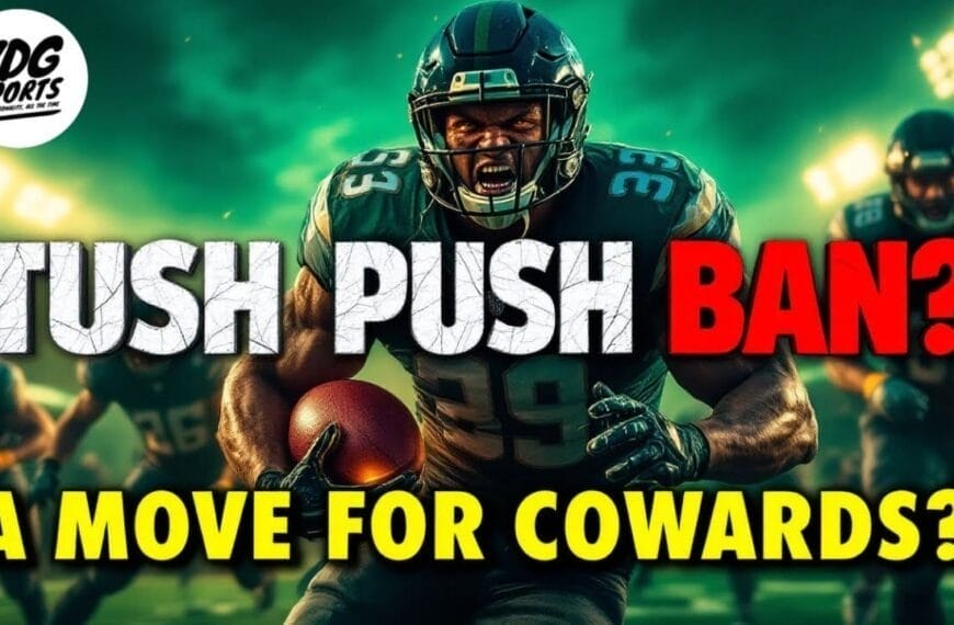 A football player, wearing a dark uniform and helmet, runs aggressively with a football under stadium lights. The text on the image reads, "Tush Push Ban? A Move for Cowards?" with the VDG Sports logo in the corner.