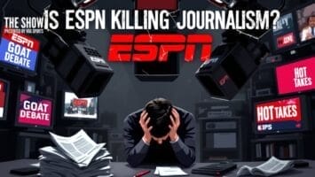 A man sits at a cluttered desk, head in hands, as multiple screens flash the ESPN logo with phrases like "GOAT Debate" and "Hot Takes." The question looms above: "Is ESPN Killing Journalism?" amidst discussions of Tom Brady's legacy and media impact on sports.