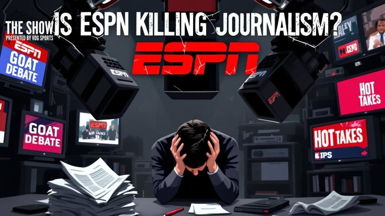 A man sits at a cluttered desk, head in hands, as multiple screens flash the ESPN logo with phrases like "GOAT Debate" and "Hot Takes." The question looms above: "Is ESPN Killing Journalism?" amidst discussions of Tom Brady's legacy and media impact on sports.